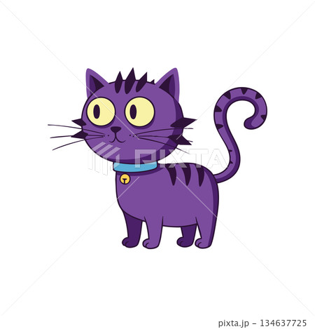 Purple cartoon cat with big yellow eyes and curled tail vector illustration for children and pet lovers Purple cartoon cat with big yellow eyes and curled tail vector illustration for children and pet lovers 134637725
