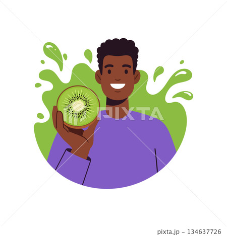 Smiling man holding fresh kiwi fruit with green splash background healthy lifestyle concept vector illustration Smiling man holding fresh kiwi fruit with green splash background healthy lifestyle concept vector illustration 134637726