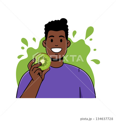 Smiling man holding fresh green kiwi fruit with purple shirt and abstract splash background vector illustration Smiling man holding fresh green kiwi fruit with purple shirt and abstract splash background vector illustration 134637728