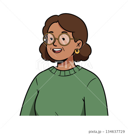 Elderly woman smiling wearing glasses and green sweater vector illustration of happy senior female character 134637729