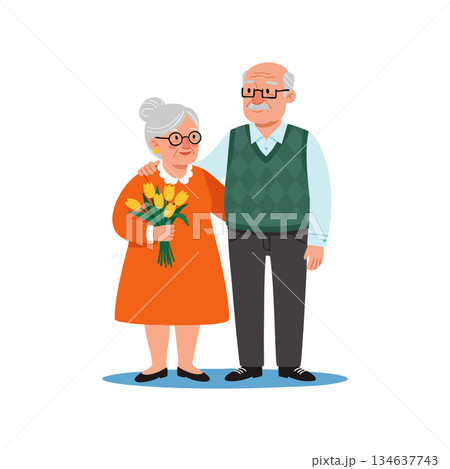 Elderly couple standing together with bouquet of yellow tulips in simple vector style illustration 134637743