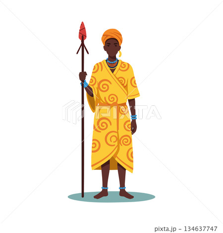 African warrior holding spear in traditional yellow clothing and turban standing confidently vector illustration 134637747