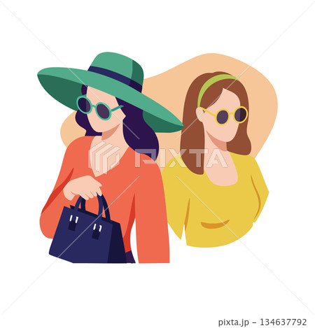 Two stylish women wearing sunglasses and hats holding handbag in modern flat vector fashion design illustration 134637792