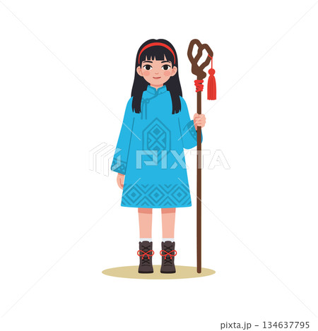 Girl wearing blue traditional dress holding wooden staff with red tassel standing vector illustration Girl wearing blue traditional dress holding wooden staff with red tassel standing vector illustration 134637795