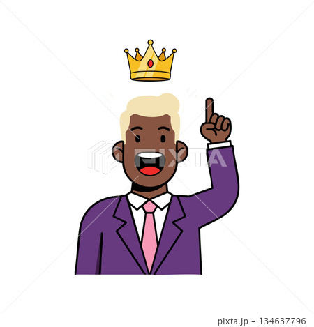 Man with blonde hair wearing purple suit pointing up with golden crown above head vector illustration Man with blonde hair wearing purple suit pointing up with golden crown above head vector illustration 134637796