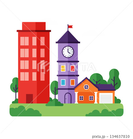 Colorful cityscape with red apartment, purple clock tower, and orange house surrounded by trees and greenery vector illustration Colorful cityscape with red apartment, purple clock tower, and orange house surrounded by trees and greenery vector illustration 134637810