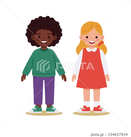 Two happy kids standing smiling together diverse children friendship vector illustration Two happy kids standing smiling together diverse children friendship vector illustration 134637834