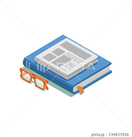 Stack of books with newspaper and orange glasses reading and study concept in vector style illustration 134637838