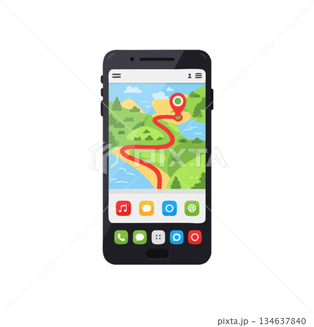 Smartphone with navigation map and red route tracking showing travel path and location pin on green landscape vector illustration Smartphone with navigation map and red route tracking showing travel path and location pin on green landscape vector illustration 134637840