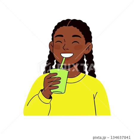 Happy young woman drinking juice with straw smiling in yellow sweater vector illustration 134637841