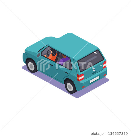 Blue compact car with driver and passenger isometric view vector illustration for transportation and travel concepts 134637859