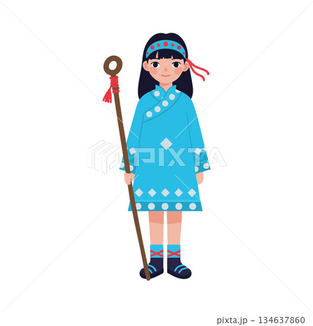 Girl in traditional blue ethnic dress holding wooden staff with headband and tassels vector illustration Girl in traditional blue ethnic dress holding wooden staff with headband and tassels vector illustration 134637860