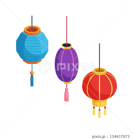 Colorful Asian hanging lanterns in blue purple and red with tassels festive decoration vector illustration 134637873