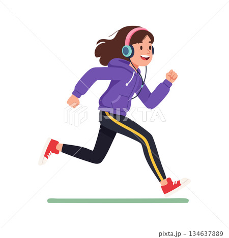 Girl running with headphones listening to music in purple hoodie and red shoes vector illustration Girl running with headphones listening to music in purple hoodie and red shoes vector illustration 134637889