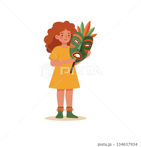 Girl Holding Tribal Mask with Green and Orange Feathers in Simple Vector Illustration Girl Holding Tribal Mask with Green and Orange Feathers in Simple Vector Illustration 134637934