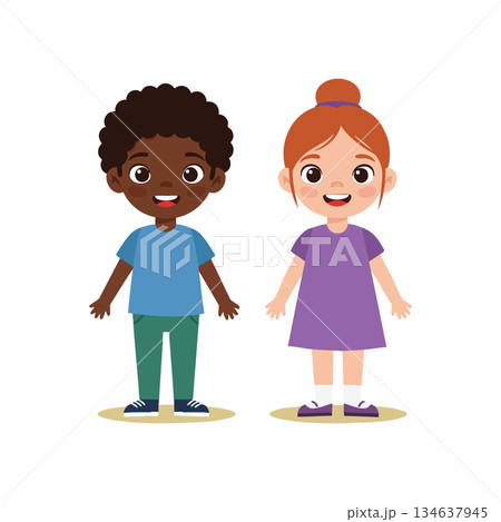 Two happy children cartoon vector with diverse ethnicity smiling boy and girl in casual clothes standing together 134637945