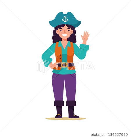 Female pirate character waving hand in colorful outfit with hat and boots vector illustration Female pirate character waving hand in colorful outfit with hat and boots vector illustration 134637950