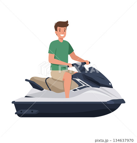 Man riding jet ski on water enjoying summer leisure activity with casual outfit and smile vector illustration 134637970