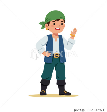 Pirate boy character with green headscarf waving hand in cartoon style vector illustration 134637971