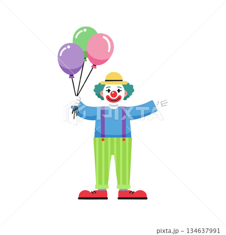Clown holding colorful balloons with green pants and red shoes cheerful playful character vector illustration 134637991