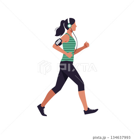Woman jogging with headphones and fitness tracker in sporty outfit running for exercise and health Woman jogging with headphones and fitness tracker in sporty outfit running for exercise and health 134637993