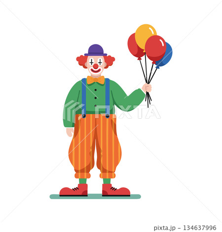 Clown holding colorful balloons in playful costume with orange pants and green shirt vector illustration Clown holding colorful balloons in playful costume with orange pants and green shirt vector illustration 134637996