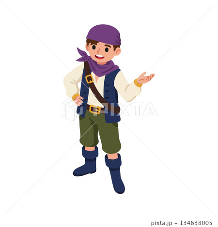 Young boy dressed as pirate with purple bandana and vest presenting with confident smile vector illustration 134638005