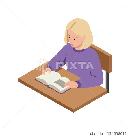 Girl reading book at desk in purple sweater focused on study and learning vector illustration Girl reading book at desk in purple sweater focused on study and learning vector illustration 134638011