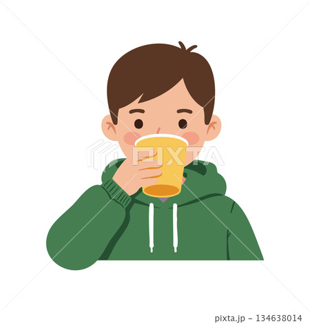 Boy drinking hot beverage in green hoodie casual style vector illustration portrait with brown hair and yellow cup 134638014