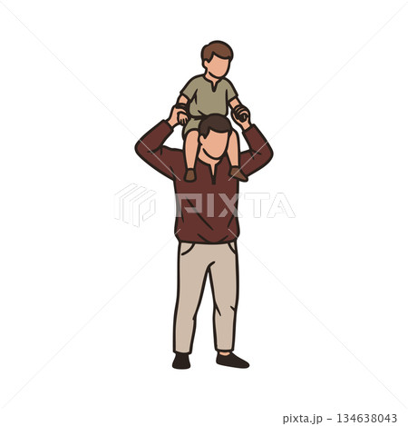 Father carrying son on shoulders walking together happy family bonding activity vector illustration Father carrying son on shoulders walking together happy family bonding activity vector illustration 134638043