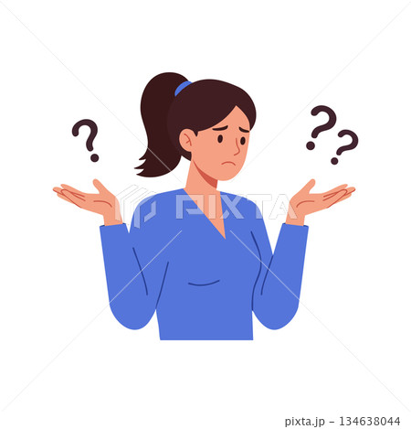 Confused woman shrugging shoulders with question marks expressing uncertainty and doubt in blue clothing vector illustration Confused woman shrugging shoulders with question marks expressing uncertainty and doubt in blue clothing vector illustration 134638044