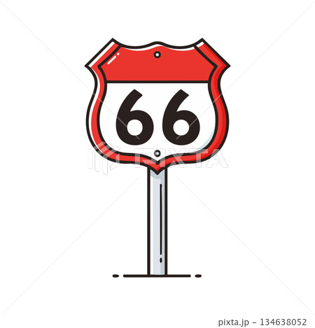 Route 66 road sign vector illustration with red and white colors on metal pole isolated on white background 134638052