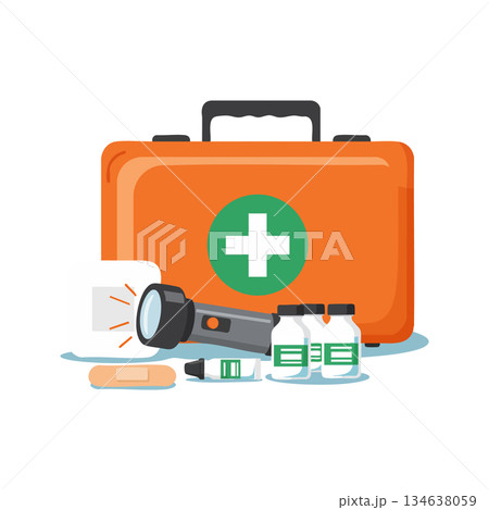 First aid kit with medical supplies and flashlight for emergency preparedness and health safety equipment vector illustration First aid kit with medical supplies and flashlight for emergency preparedness and health safety equipment vector illustration 134638059