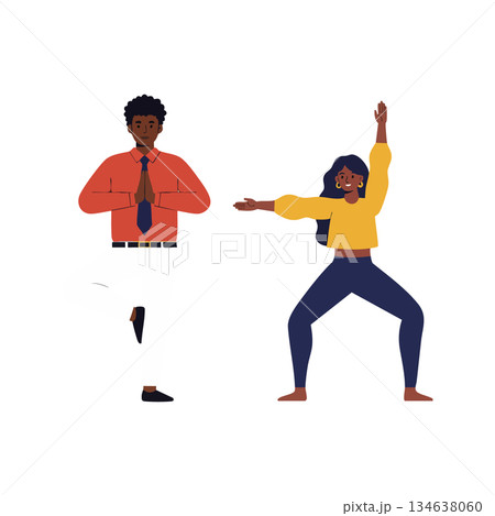 Two diverse people practicing yoga poses together in casual clothing for wellness and fitness vector illustration 134638060
