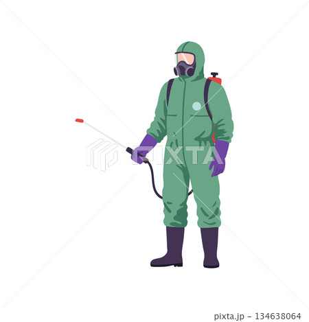 Person wearing protective hazmat suit spraying disinfectant for contamination control in safety gear vector illustration 134638064