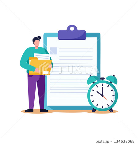 Man holding folders with clipboard and alarm clock for time management and organization vector illustration design 134638069