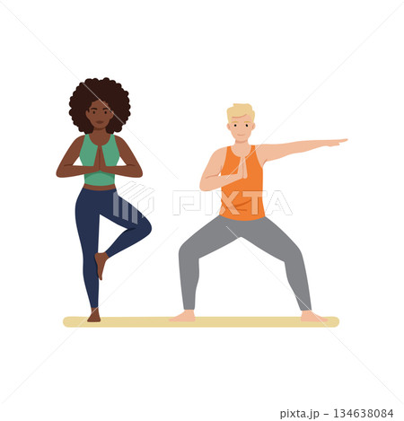 Diverse man and woman practicing yoga together in workout clothes vector illustration for healthy lifestyle and fitness training 134638084
