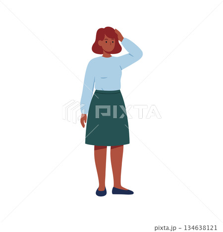 Woman standing thoughtful casual clothing blue sweater green skirt red hair vector illustration 134638121