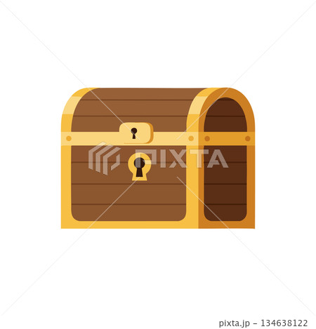 Wooden treasure chest with golden trim and keyhole classic storage box vector illustration 134638122