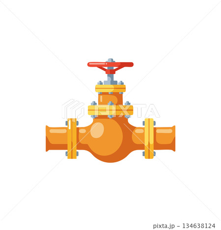 Industrial orange water valve with red handle and yellow flanges vector icon design illustration 134638124