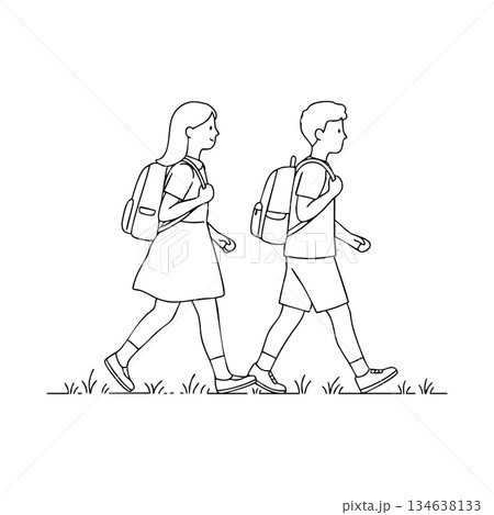 Children walking with backpacks outdoors line art vector illustration of schoolboy and schoolgirl on grass 134638133