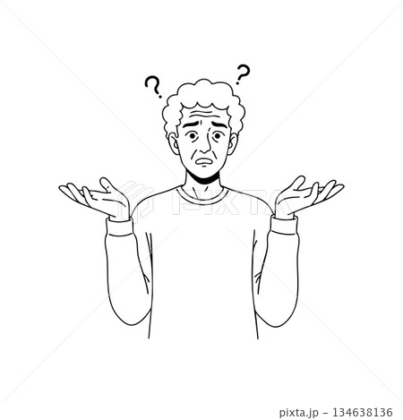 Confused man shrugging with question marks above head expressing uncertainty and doubt in black and white vector drawing 134638136