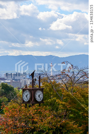 The view of Kyoto city skyline with blue sky and trees from kiyomizu-dera temple in Kyoto, Japan. Major tourist attraction in Kansai region in Japan. Travel concept. Japan cityscape. 134638155