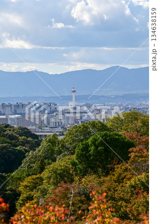 The view of Kyoto city skyline with blue sky and trees from kiyomizu-dera temple in Kyoto, Japan. Major tourist attraction in Kansai region in Japan. Travel concept. Japan cityscape. The view of Kyoto city skyline with blue sky and trees from kiyomizu-dera temple in Kyoto, Japan. Major tourist attraction in Kansai region in Japan. Travel concept. Japan cityscape. 134638159