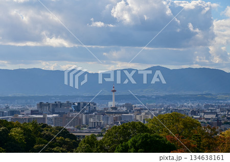 The view of Kyoto city skyline with blue sky and trees from kiyomizu-dera temple in Kyoto, Japan. Major tourist attraction in Kansai region in Japan. Travel concept. Japan cityscape. 134638161