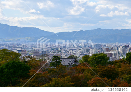 The view of Kyoto city skyline with blue sky and trees from kiyomizu-dera temple in Kyoto, Japan. Major tourist attraction in Kansai region in Japan. Travel concept. Japan cityscape. The view of Kyoto city skyline with blue sky and trees from kiyomizu-dera temple in Kyoto, Japan. Major tourist attraction in Kansai region in Japan. Travel concept. Japan cityscape. 134638162