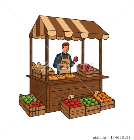 Fruit and Bread Market Stall with Vendor Selling Fresh Produce and Loaves of Bread in Vector Style Illustration Fruit and Bread Market Stall with Vendor Selling Fresh Produce and Loaves of Bread in Vector Style Illustration 134638191