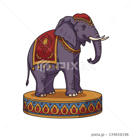 Elephant with decorative cloth and jewelry standing on patterned platform vector illustration artwork Elephant with decorative cloth and jewelry standing on patterned platform vector illustration artwork 134638196