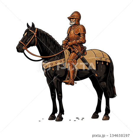 Knight in full armor riding black horse medieval warrior with sword vector illustration Knight in full armor riding black horse medieval warrior with sword vector illustration 134638197