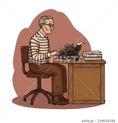 Elderly man typing on vintage typewriter at wooden desk with stack of papers in cozy office setting vector illustration Elderly man typing on vintage typewriter at wooden desk with stack of papers in cozy office setting vector illustration 134638198